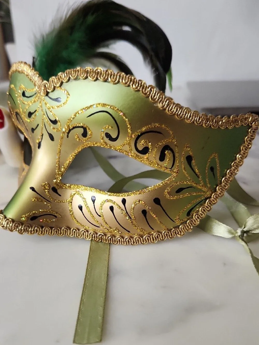 Vintage Green and Gold Feathered Venetian Masquerade Mask Italian🇮🇹